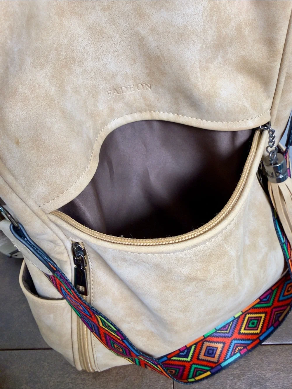 Fadeon Convertible Beige Faux Leather Backpack Colorful Embroidered Strap Sz M